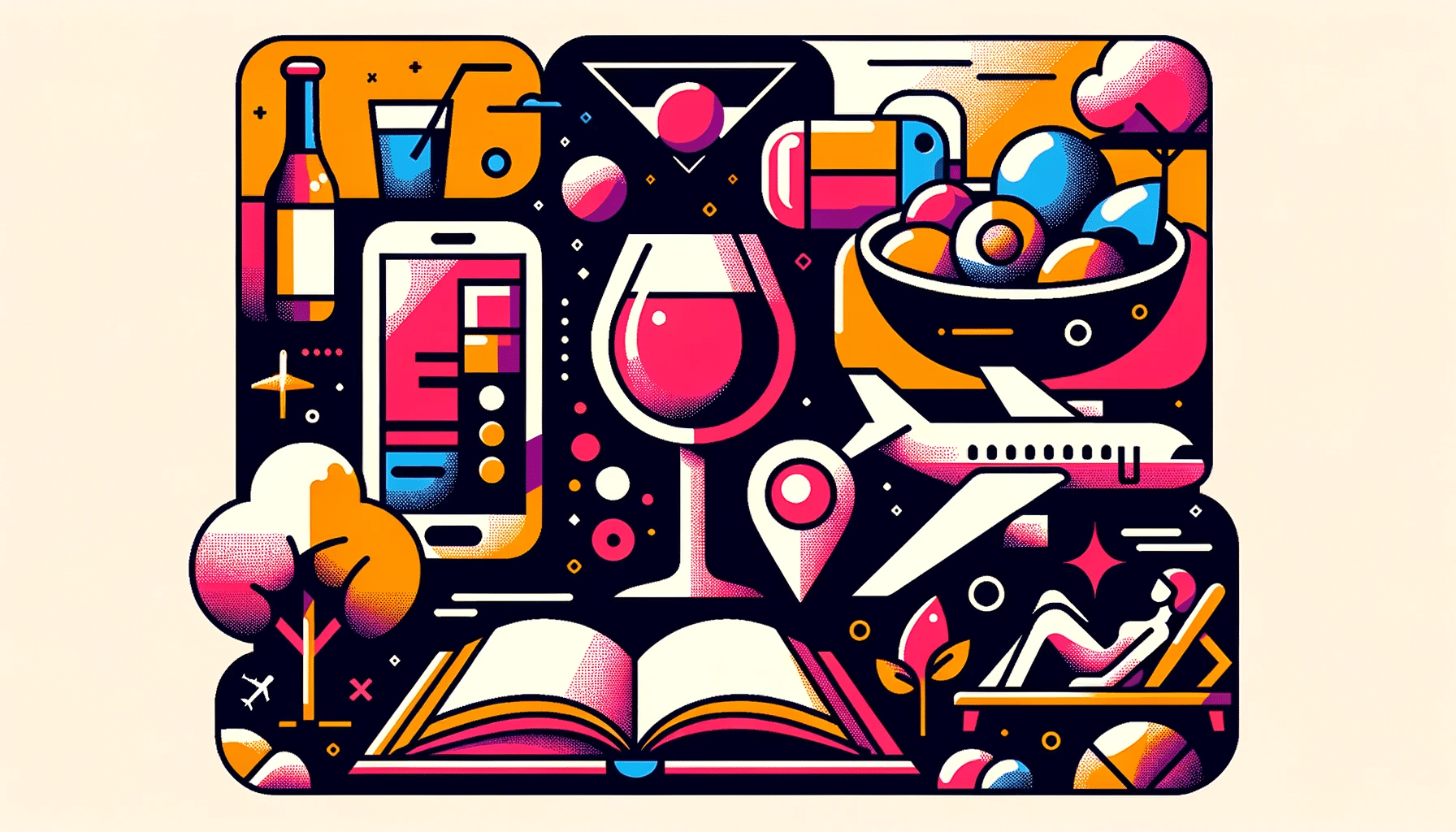 Stylized illustration using bold and contrasting colors on a 16_9 canvas. A sleek gadget outline stands for consumer tech. A dish with various food it